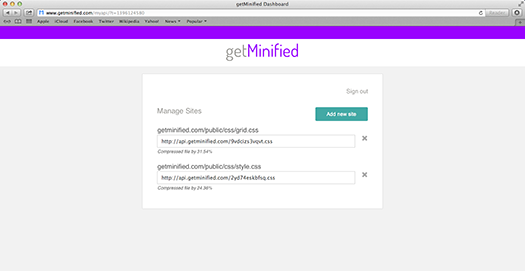 getMinified API Dashboard CSS view Screenshot